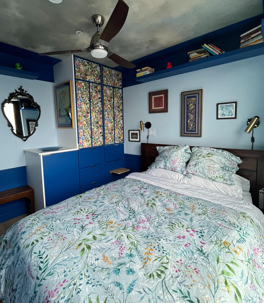 lots of storage and lots of colour and a ceiling fan